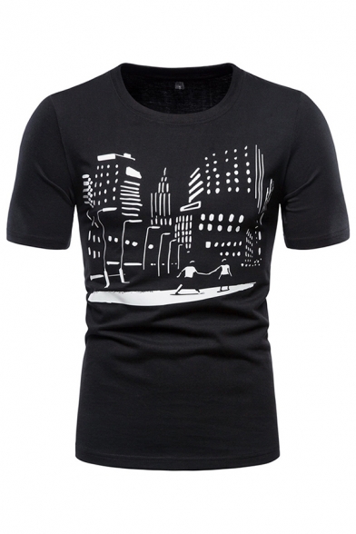 Black Cartoon Printed Short Sleeve Round Neck Slim Fitted Stylish T-shirt for Men