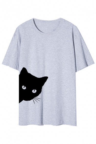 Casual Womens Cat Printed Short Sleeve Crew Neck Relaxed Fit T Shirt