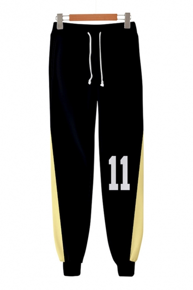 Cool Boys Number 3D Cosplay Printed Contrasted Drawstring Waist Ankle Length Cuffed Tapered Fit Sweatpants in Black