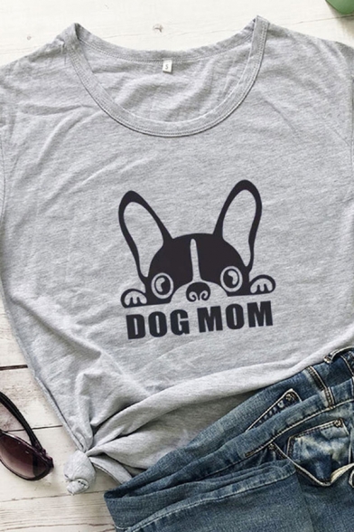 Fashion Girls Letter Dog Mom Cartoon Graphic Rolled Short Sleeve Crew Neck Slim Fit T Shirt