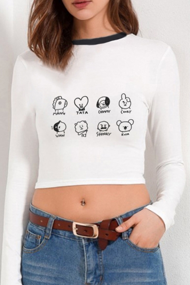 Fashionable Cartoon Printed Long Sleeve Contrasted Round Neck Slim Fitted Cropped White T-shirt for Girls