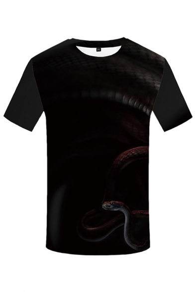 Guys 3D Snake Patterned Short Sleeve Crew Neck Regular Fit Fashion Tee Top in Black