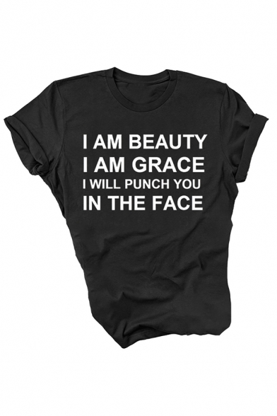 Letter I Am Beauty I Am Grace Printed Rolled Short Sleeve Crew Neck Regular Fit Tee Top for Women