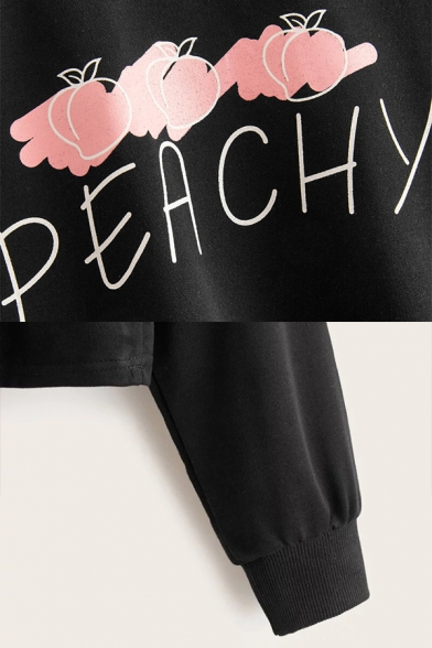 Letter Peachy Cartoon Peach Graphic Long Sleeve Round Neck Loose Trendy Crop Tee for Women