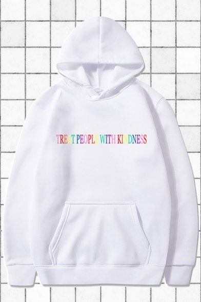 Letter Treat People with Kindness Print Long Sleeve Drawstring Pouch Pocket Loose Trendy Hoodie for Men