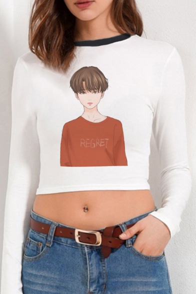 Lovely Girls White Cartoon Print Long Sleeve Contrasted Round Neck Regular Fit Crop Tee Top