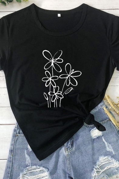 Popular Flower Printed Rolled Short Sleeve Crew Neck Regular Fit T Shirt for Women