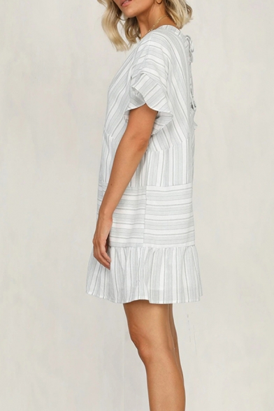 Popular Girls Stripe Printed Bell Sleeves V-neck Bow Tie Back Ruffled Trim Mini A-line Dress in Gray-White