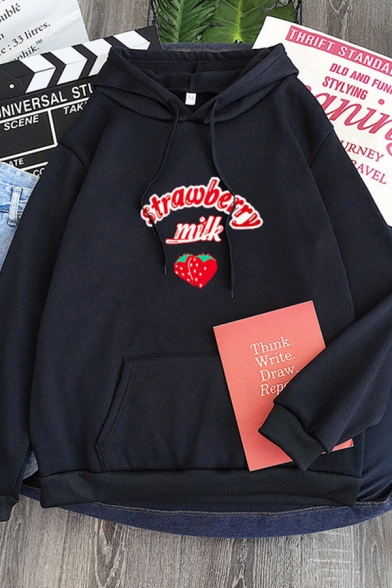 Popular Letter Strawberry Milk Graphic Long Sleeve Drawstring Pouch Pocket Loose Hoodie for Girls