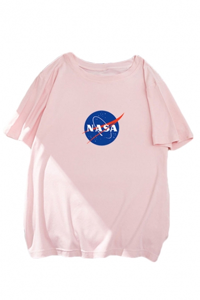 Popular Womens Letter Nasa Printed Short Sleeve Round Neck Loose Fit T Shirt