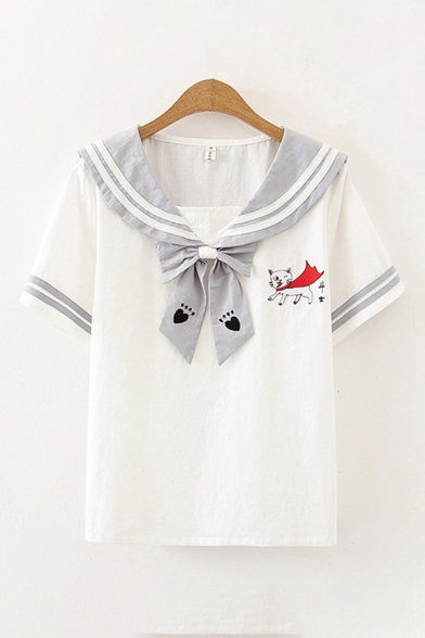 Preppy Girls Cartoon Cat Printed Striped Short Sleeves Sailor Collar Bow Tie Front Relaxed T Shirt