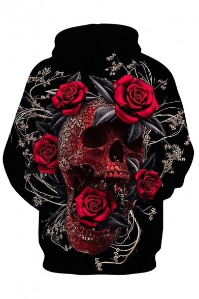 Rose Skull 3D Printed Long Sleeve Drawstring Pouch Pocket Loose Fit Cool Hoodie in Black