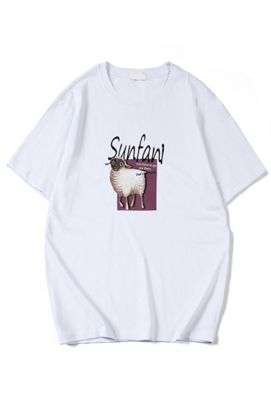 Simple Letter Sanfani Sheep Graphic Short Sleeve Crew Neck Loose Fit Tee Top