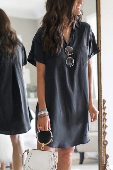 Simple Womens Solid Color Rolled Short Sleeves Turn-down Collar Button up Chest Pockets Midi Relaxed Shift Shirt Dress in Black