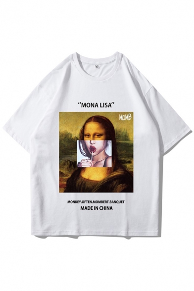 Spoof Letter Mona Lisa Graphic Half Sleeves Crew-neck Loose Fit Tee Top for Men