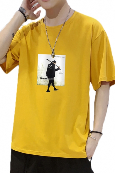 Street Mens Cartoon Printed Short Sleeve Crew Neck Regular Fitted T-shirt