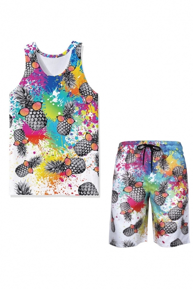 Stylish Allover Pineapple Printed Sleeveless Relaxed Tank & Drawstring Waist Relaxed Shorts Set