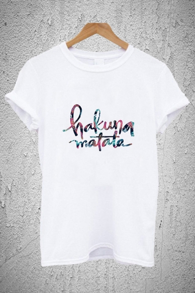 Trendy Girls Letter Hakuna Matata Printed Rolled Short Sleeve Crew Neck Relaxed T Shirt in White