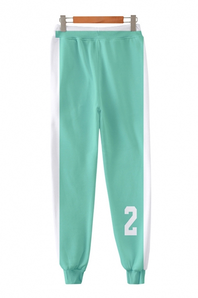 Trendy Number Printed Contrasted Drawstrring Waist Ankle Length Cuffed Carrot-fit Sweatpants in Green