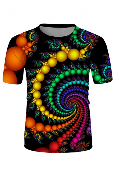 Black Colorful Vortex 3D Printed Short Sleeve Crew Neck Loose Fit Stylish T Shirt
