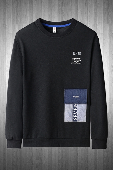 Casual Letter Kris Printed Flap Pocket Long Sleeve Crew Neck Loose Pullover Sweatshirt for Men