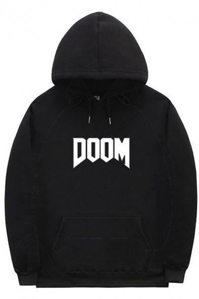 Casual Mens Letter Doom Print Long Sleeve Drawstring Pouch Pocket Loose Fit Hoodie
