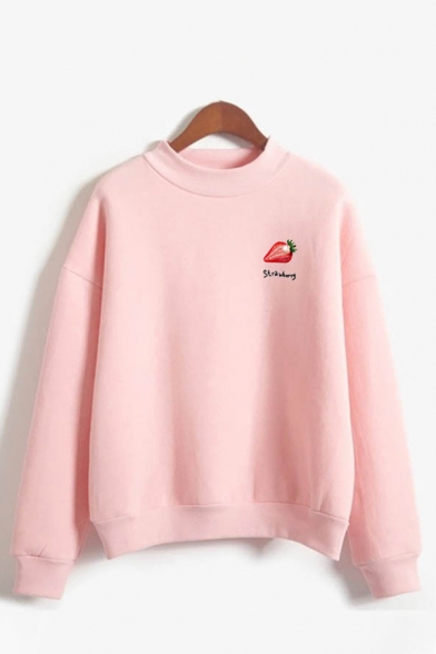 Casual Strawberry Graphic Long Sleeve Mock Neck Loose Fitted Pullover Sweatshirt for Girls