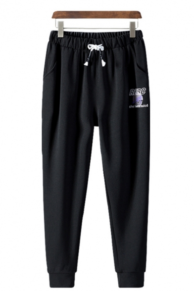 Chic Letter Rerc Graphic Drawstring Waist Ankle Length Cuffed Carrot-fit Sweatpants in Black