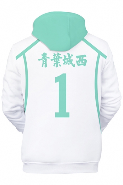 Creative 3D Cosplay Number Print Contrasted Long Sleeve Drawstring Pouch Pocket Relaxed Fit Hoodie in White