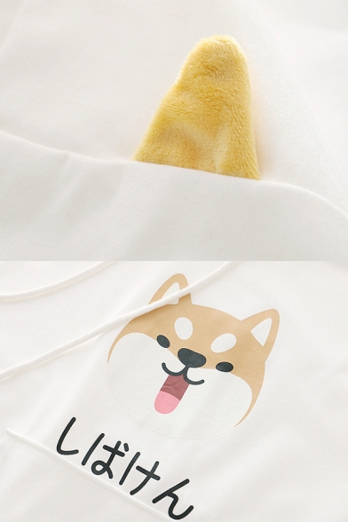 Cute Japanese Letter Dog Graphic Paw Embroidery Short Sleeve Drawstring Pouch Pocket Relaxed Ears Hooded Tee for Girls