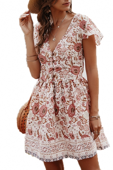 Ethnic Womens Allover Floral Printed Short Sleeve V-neck Button down Short Pleated A-line Dress