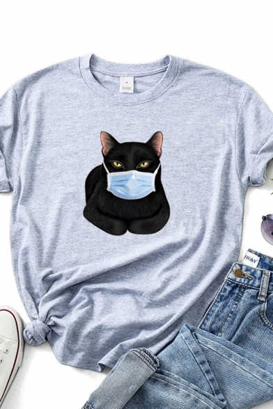 Funny Cat Patterned Short Sleeve Crew Neck Relaxed Fit Basic T Shirt for Girls