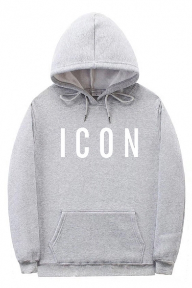 Letter Icon Print Casual Long Sleeve Drawstring Kangaroo Pocket Loose Fit Hoodie for Boys