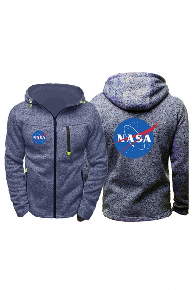 Letter Nasa Print Long Sleeve Zipper Detail Drawstring Sherpa Lined Relaxed Fit Athletic Hoodie for Guys