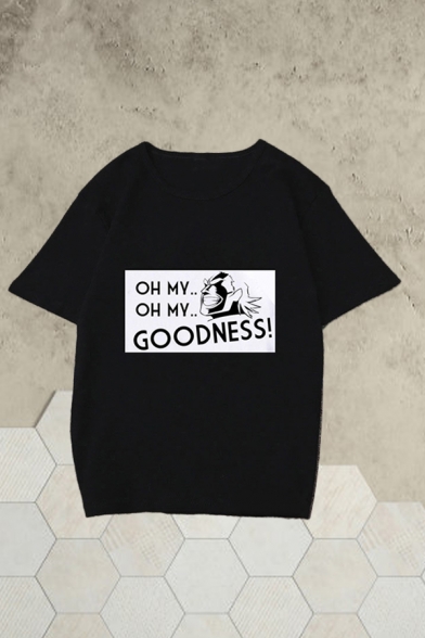 Oh My Goodness Cartoon Graphic Short Sleeve Crew Neck Loose Fitted Stylish Tee Top in Black