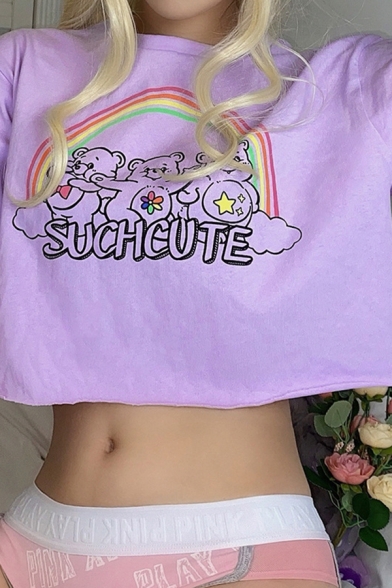 

Popular Letter Such Cute Bear Rainbow Graphic Short Sleeve Crew Neck Loose Cropped T Shirt in Purple, LC629932