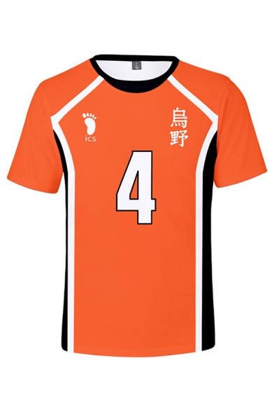Popular Mens Number 4 Footprint Graphic Contrasted Short Sleeve Crew Neck Regular-fit T Shirt in Orange