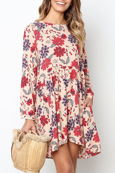 Popular Womens All over Flower Printed Long Sleeve Round Neck Short Pleated Swing Dress in Red
