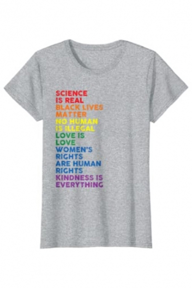Popular Womens Colorful Letter Science Is Real Printed Short Sleeve Crew Neck Relaxed T Shirt
