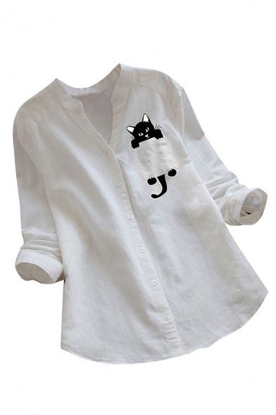 Popular Womens Linen and Cotton Pocket Cat Printed Long Sleeve V-neck Curved Hem Relaxed Shirt