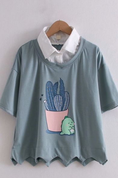 Preppy Girls False Two Piece Cartoon Cactus Pattern Short Sleeve Turn-down Collar Scalloped Loose T-shirt