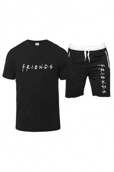 Stylish Letter Friends Printed Short Sleeve Crew Neck Regular Fitted T Shirt & Drawstring Waist Contrasted Relaxed Shorts Set