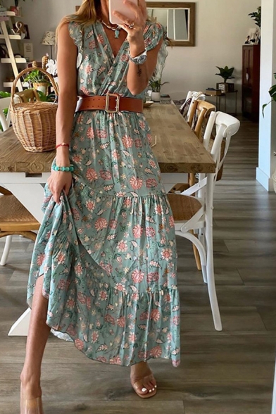 Trendy Ladies All over Flower Printed Ruffled Sleeveless Surplice Neck Maxi Pleated A-line Dress in Green