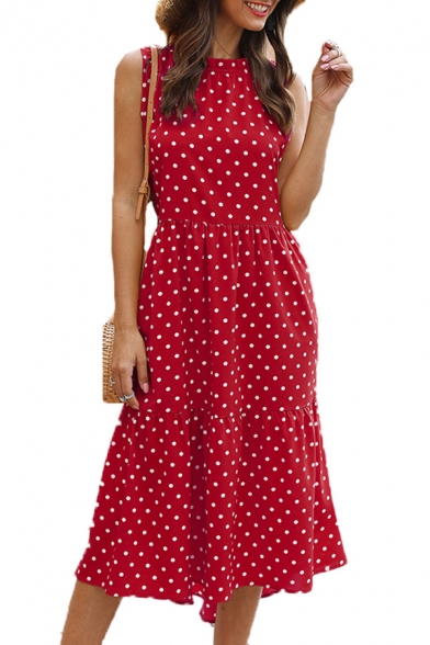Trendy Womens Polka Dot Printed Sleeveless Crew Neck Ruffled Trim Midi A-line Dress