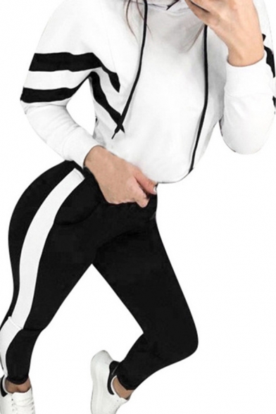 White Chevron Pattern Long Sleeve Drawstring Loose Cropped Fashion Hoodie & Contrasted Ankle Length Skinny Pants Set for Girls