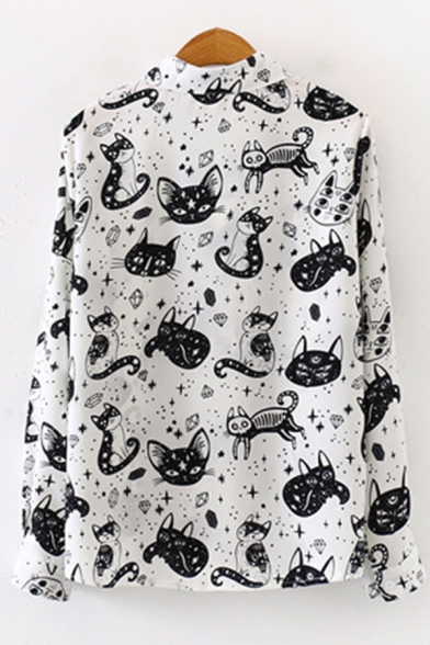 Allover Cartoon Cat Printed Long Sleeve Turn-down Collar Button up Relaxed Fit Chic Shirt for Girls