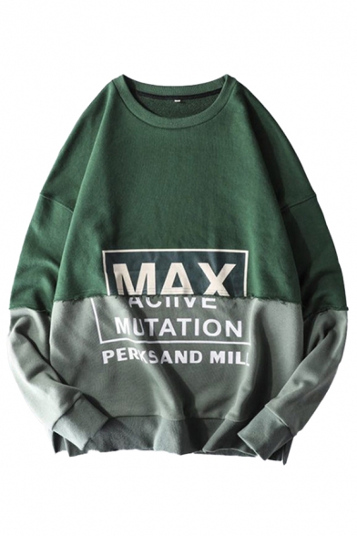Casual Mens Letter Max Printed Colorblock Patchwork Long Sleeve Crew Neck Relaxed Pullover Sweatshirt in Gray-Green
