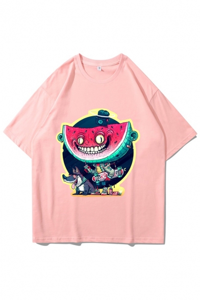 Cool Mens Cartoon Watermelon Printed Short Sleeve Crew Neck Relaxed Fit T-shirt