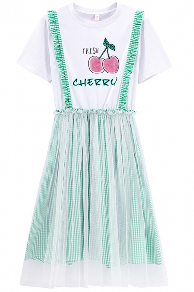 Fancy Girls Letter Fresh Cherry Graphic Short Sleeve Crew Neck Stringy Selvedge Mesh Mid Pleated A-line T Shirt Dress in Green