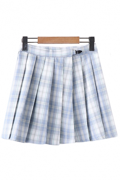 Fancy Girls Plaid Printed Buckle High Waist Mini Pleated A-line Skirt